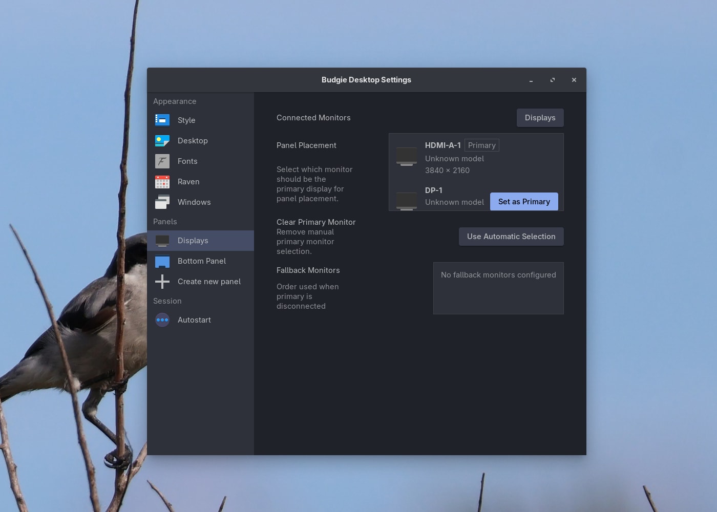 Budgie Desktop Settings: Displays section